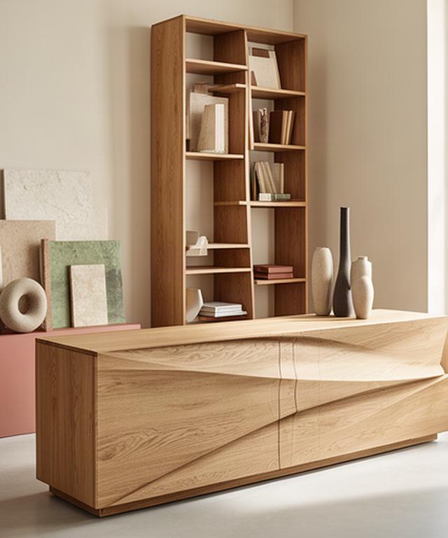 Madia e libreria in legno naturale esposte nello showroom di Correggio