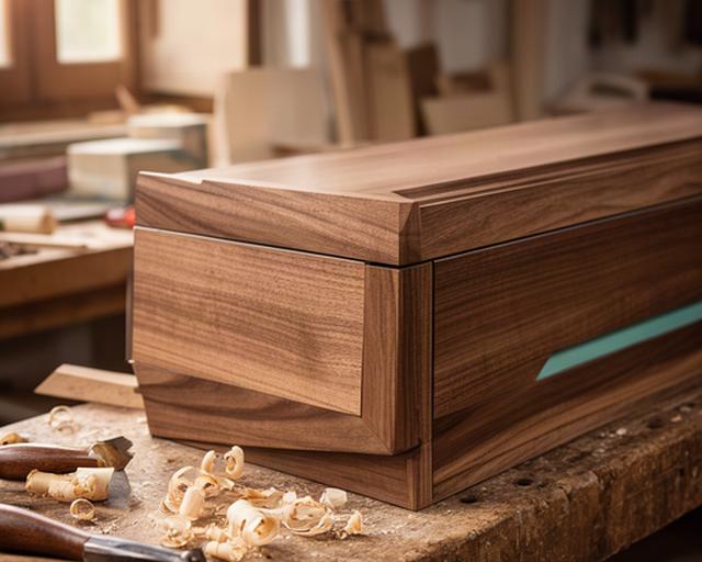 Dettaglio di un mobile in legno rifinito su un banco di lavoro in una falegnameria di Correggio