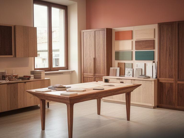 Showroom di mobili italiani a Correggio con tavolo in legno e campioni di finitura