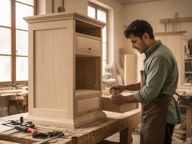 Artigiano al lavoro su un mobile in legno chiaro in un laboratorio di Correggio