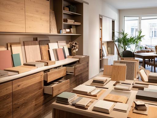 Interno dello showroom di Correggio con campioni di legno, mobili contemporanei e luce naturale
