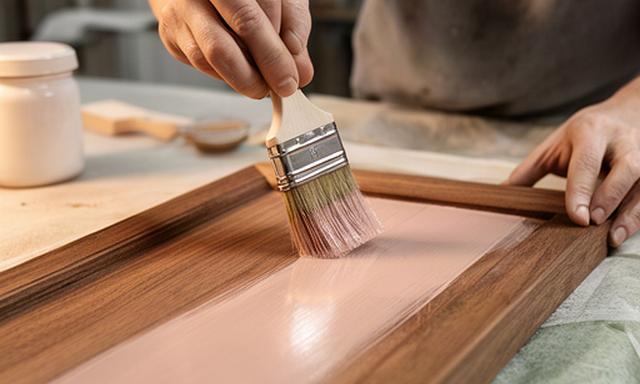Artigiana che stende vernice su un pannello di legno con un pennello largo