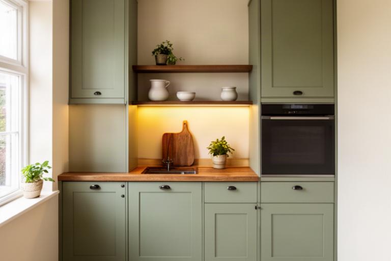 Cucina su misura compatta con basi verde salvia e piano in legno
