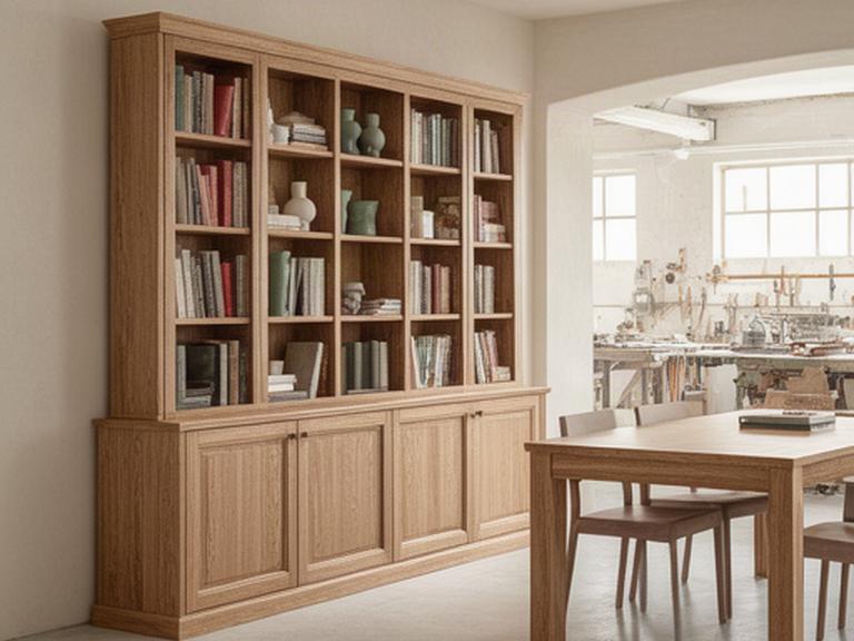 Soggiorno italiano con libreria in rovere, tavolo e madia in un laboratorio luminoso