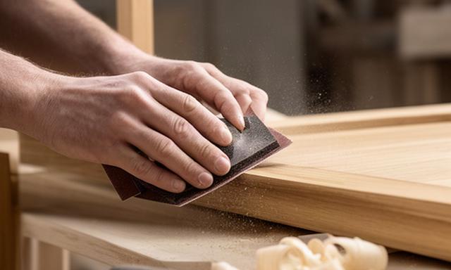 Mani di falegname mentre levigano il bordo di un mobile in legno