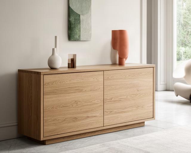 Madia italiana in rovere con ante lisce e maniglie discrete in uno showroom di Correggio