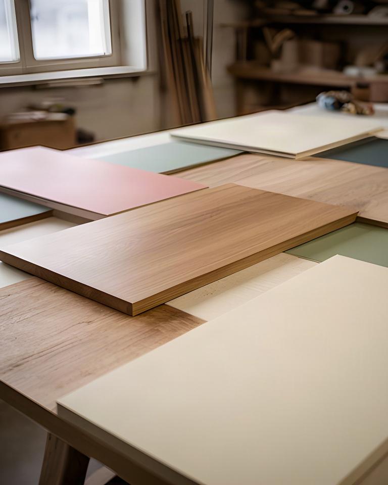 Pannelli di legno con laccatura opaca e poro aperto disposti nel laboratorio di finitura